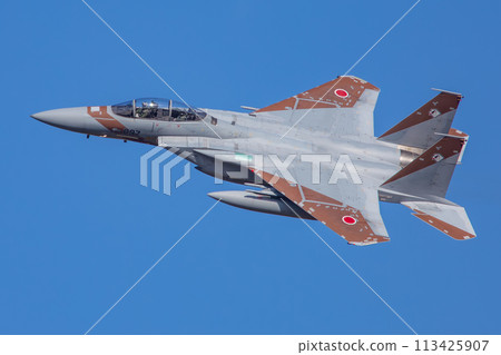 F-15 fighter jet (aggressor) flying in the blue sky F-15 fighter jet (aggressor) flying in the blue sky 113425907