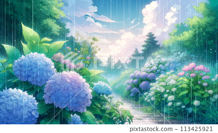 雨季風景圖與繡球花 113425921