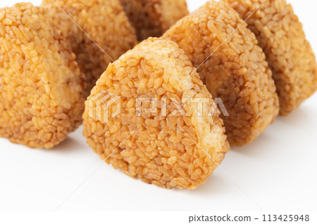 Frozen grilled rice balls on a white background 113425948