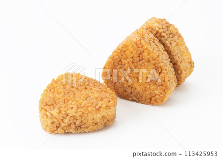 Frozen grilled rice balls on a white background 113425953