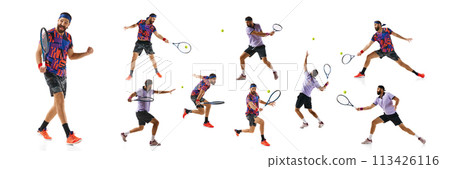Collage. Concentrated young man, tennis player practicing, playing, hitting ball with racket isolated on white background. 113426116