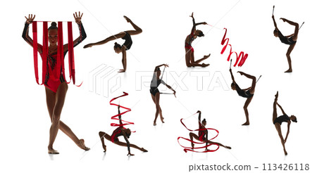 Collage. Young flexible teen girl, rhythmic gymnast in motion, training, performing isolated on white background. Collage. Young flexible teen girl, rhythmic gymnast in motion, training, performing isolated on white background. 113426118