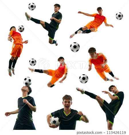 Collage. Young competitive guy, football, soccer athlete in motion with ball, training isolated on white background. Collage. Young competitive guy, football, soccer athlete in motion with ball, training isolated on white background. 113426119