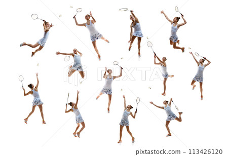 Collage. Young woman, badminton playing in motion with racket and shuttlecock isolated on white background. 113426120