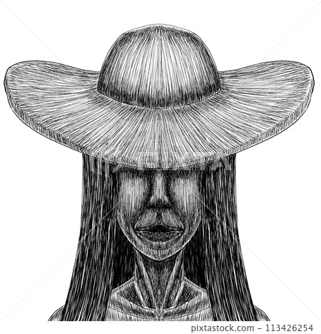 Woman wearing creepy black and white hat 113426254