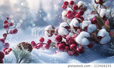 Winter-Themed Flyer with Cotton, Cranberries, and Pinecones, AI Created 113426255