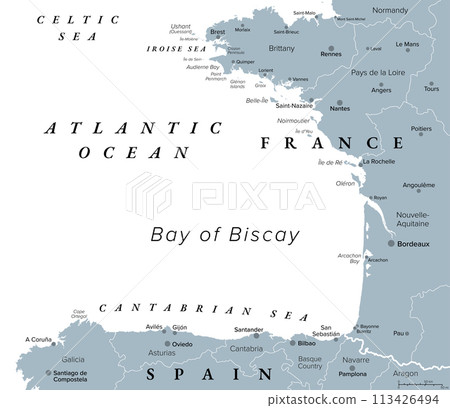 Bay of Biscay, also known as Gulf of Gascony, gray political map. Gulf of the northeast Atlantic Ocean lying south of the Celtic Sea, along the western coast of France and the northern coast of Spain. 113426494