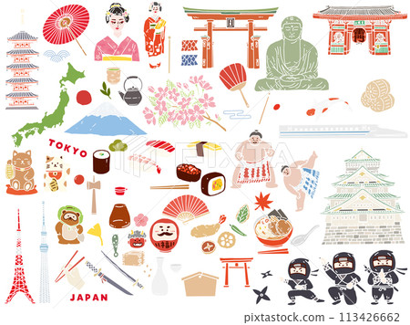 Hand-drawn illustrations of Japan (East Asia, travel, culture, tourism) 113426662