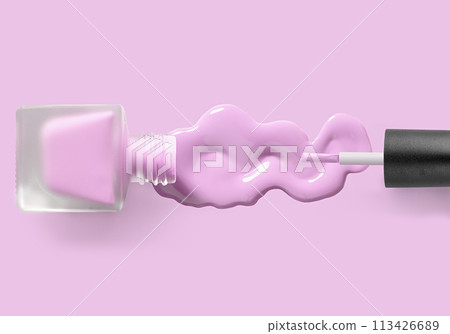 Pink nail polish and brush on purple background 113426689