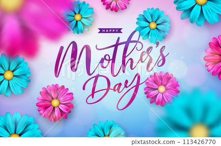 Happy Mother's Day Postcard Illustration with Spring Flower and Typography Letter on Blue Background. Mother Day Vector Celebration Design for Banner, Greeting Card, Flyer, Invitation, Brochure 113426770
