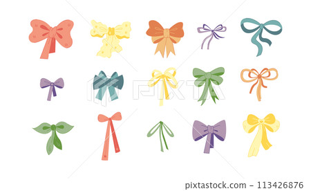 Set of 15 different doodle bows for hair. Color vector illustration. 113426876