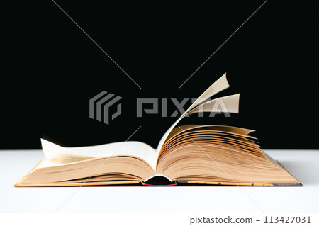 Pages of a thick book are turned on a white and black background, space for text. Pages of a thick book are turned on a white and black background, space for text. 113427031