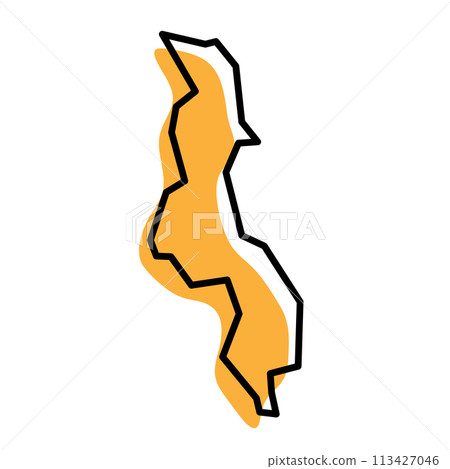 Malawi country simplified map. Orange silhouette with thick black sharp contour outline isolated on white background. Simple vector icon Malawi country simplified map. Orange silhouette with thick black sharp contour outline isolated on white background. Simple vector icon 113427046