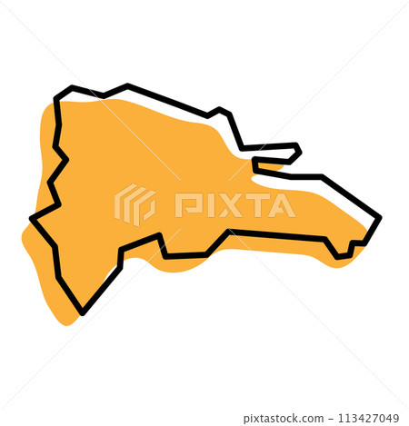 Dominican Republic country simplified map. Orange silhouette with thick black sharp contour outline isolated on white background. Simple vector icon Dominican Republic country simplified map. Orange silhouette with thick black sharp contour outline isolated on white background. Simple vector icon 113427049