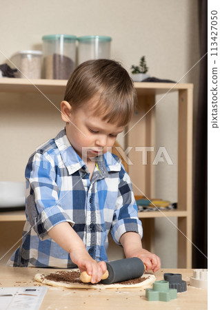 The kid rolls out the dough with a rolling pin, makes his first cookie. Toddlers in the kitchen. 113427050