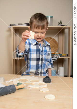 Little boy making cookies using cookie cutters and dough in the kitchen. 113427056