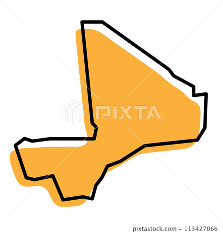 Mali country simplified map. Orange silhouette with thick black sharp contour outline isolated on white background. Simple vector icon Mali country simplified map. Orange silhouette with thick black sharp contour outline isolated on white background. Simple vector icon 113427066