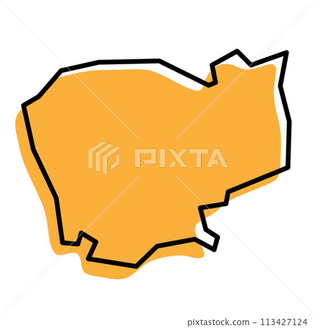 Cambodia country simplified map. Orange silhouette with thick black sharp contour outline isolated on white background. Simple vector icon 113427124