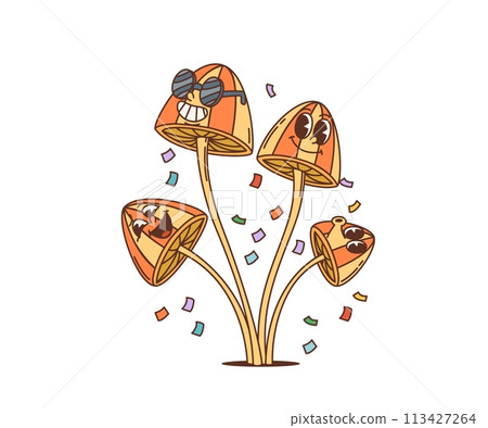 Cartoon retro mushroom groovy character as hippie of 70s, vector funky art. Happy groovy mushrooms toadstool in sunglasses with smiling faces, 70s hippie or hipster silly cartoon characters 113427264
