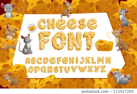 Cheese font, cheesy typeface, gouda or cheddar type, yellow english alphabet. English ABC special symbols, font typeset vector figures and numbers or alphabet letters with cheese pieces and mouse 113427265