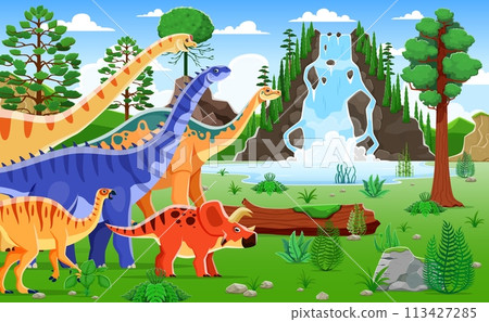 Cartoon dinosaur characters roam a vibrant prehistoric landscape, lush with towering ferns and cascading waterfall. Playful brachiosaurus and triceratops at the ancient world with colorful vegetation 113427285