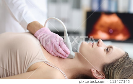 Ultrasound diagnosis of thyroid gland in young woman in clinic Ultrasound diagnosis of thyroid gland in young woman in clinic 113427345