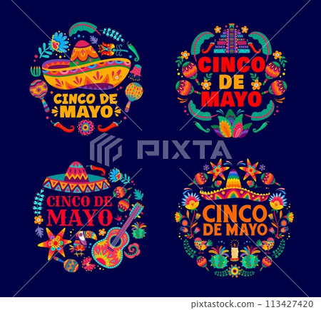 Cinco de mayo Mexican holiday round emblems. Vector labels with traditional festive items, like sombrero hat, maracas, flower and jalapeno peppers. Pyramid, guitar, pinata and toucan bird or cactus 113427420