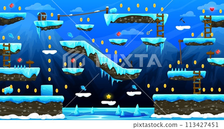 Arcade north frozen world game level map interface. Glaciers, ice platforms and stairs, bonuses and gems on game app world or environment background, platform videogame level design cartoon interface 113427451