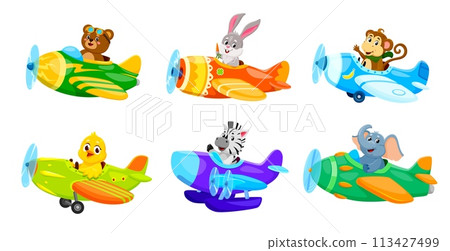 Cartoon baby animals characters on planes. Animal kid airplane pilots vector personages of cute monkey, bear and bunny. Funny elephant, duck and zebra flying on retro aircraft with aviator goggles 113427499