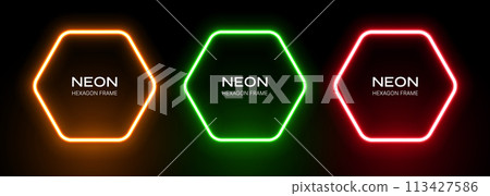 Hexagon neon light. Frame with glow effect on a black background. Red, orange and green laser shape. Vector set of gradient fluorescent banners. Hexagon neon light. Frame with glow effect on a black background. Red, orange and green laser shape. Vector set of gradient fluorescent banners. 113427586