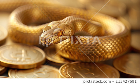A golden snake slithers over a pile of gold coins, symbolizing wealth and temptation. A golden snake slithers over a pile of gold coins, symbolizing wealth and temptation. 113427691