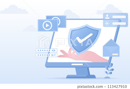 Safety and security technology concept. Data protection, personal information, strong passwords, firewall, sensitive data, access to account, encryption, and identity for accessing data. 113427910