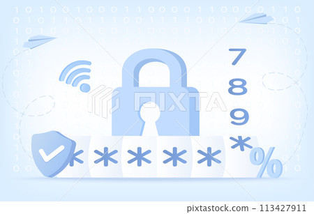 Safety, Security and Data protection concept. Account protect, encryption password, security lock. Authentication and identity to access data by binary code. Flat vector design illustration. Safety, Security and Data protection concept. Account protect, encryption password, security lock. Authentication and identity to access data by binary code. Flat vector design illustration. 113427911