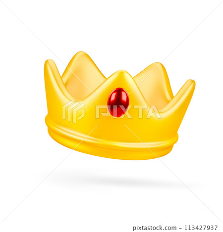 3d cartoon golden crown with red gemstone isolated on white background. Symbol of royal power, victory or luxury. Vector illustration of 3d render. 113427937
