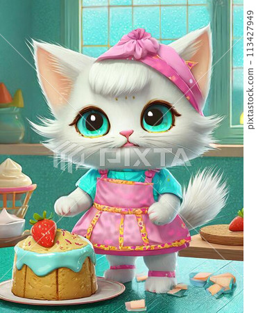 A cute kitten is making a cake in the kitchen A cute kitten is making a cake in the kitchen 113427949