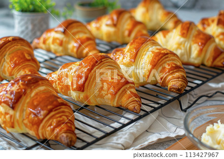 freshly baked croissants on baking pan. Ai generative 113427967