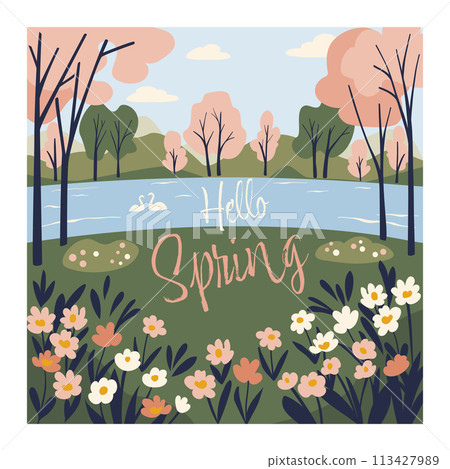 Spring park with pink blooming tree 113427989