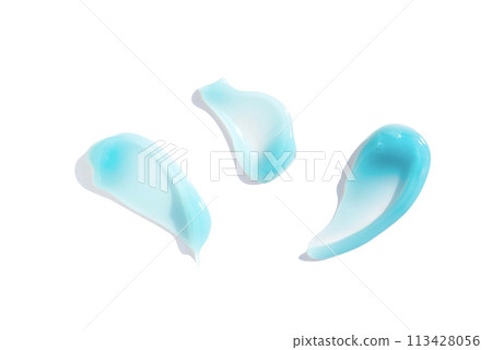 Set of smears Anti-aging hydro serum for skin care. Moisturizing smear of cosmetic essence with hyaluronic acid Hydration. Translucent drop of liquid blue cream with hyaluron for hydration 113428056