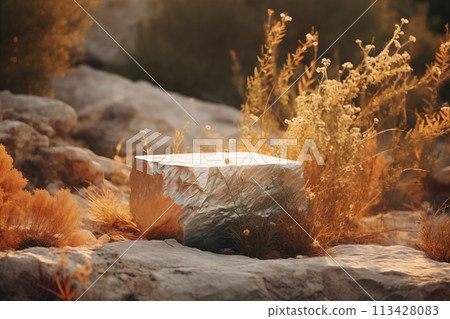 Rocky podium in nature in sunlight, atmospheric natural background, eco concept. A tranquil stone setting surrounded by foliage and sunlit. Rocky podium in nature in sunlight, atmospheric natural background, eco concept. A tranquil stone setting surrounded by foliage and sunlit. 113428083