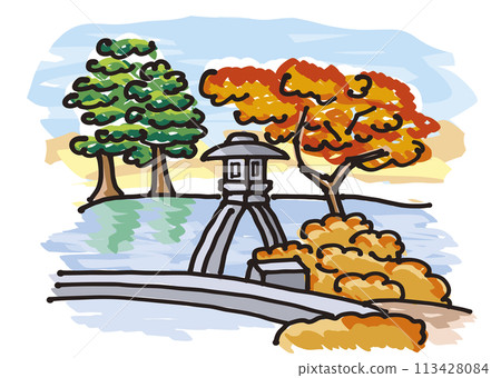 Hand-drawn illustration of Kenrokuen Garden (Ishikawa Prefecture) in autumn 113428084