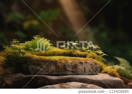 Flat stone pedestal in moss in natural forest, outdoors. Eco Background Concept. Rock podium overgrown with natural plants in the forest Flat stone pedestal in moss in natural forest, outdoors. Eco Background Concept. Rock podium overgrown with natural plants in the forest 113428085