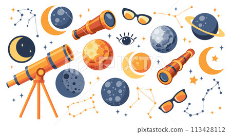 Solar eclipse set. Telescope, spyglass, planets, solar eclipse, moon, glasses. Cute illustration for kids education at school, stickers, scrapbooking, nursery room. Vector Solar eclipse set. Telescope, spyglass, planets, solar eclipse, moon, glasses. Cute illustration for kids education at school, stickers, scrapbooking, nursery room. Vector 113428112