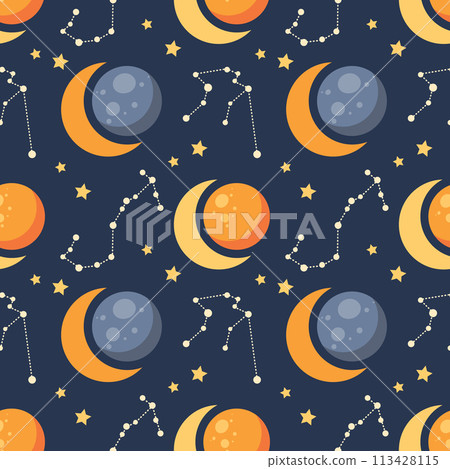 Seamless pattern, constellations, planet and solar eclipse Moon. Background for children, scrapbooking, children's room. Vector 113428115