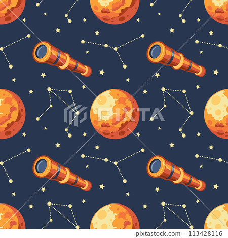 Seamless pattern, telescope, planet and solar eclipse Moon. Background for children, scrapbooking, children's room. Vector 113428116