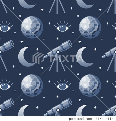 Seamless pattern, telescope, planet and solar eclipse Moon. Background for children, scrapbooking, children's room. Vector 113428118