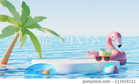 3D render, minimal Summer background with empty podium or pedestal platform for showing product, cosmetic scene for mock up, beach swim elements decoration. 113428131