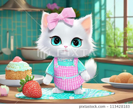 A cute kitten is making a cake in the kitchen 113428183
