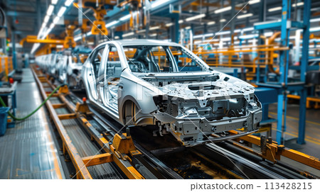Car Being Assembled on Factory Production Line 113428215