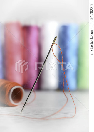 Close-up view of one needle with red thread Close-up view of one needle with red thread 113428226