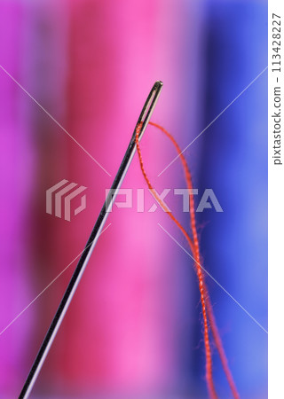 Close-up view of one needle with red thread 113428227